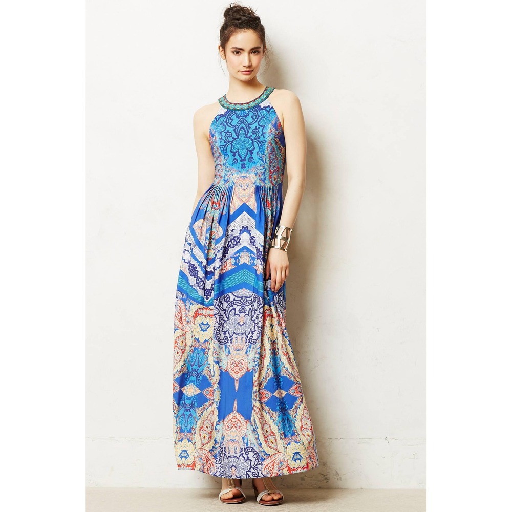 Ranna Gill Botech Jewel Embellished Maxi Dress Blue Paisley Beaded Halter Gown
